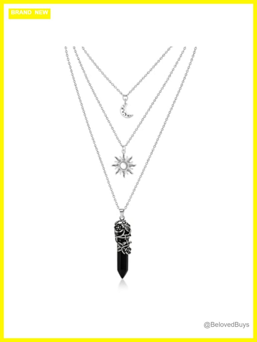 3-Pc Layered Choker Necklace Set Crescent Moon Sun Crystal Pendant Gothic